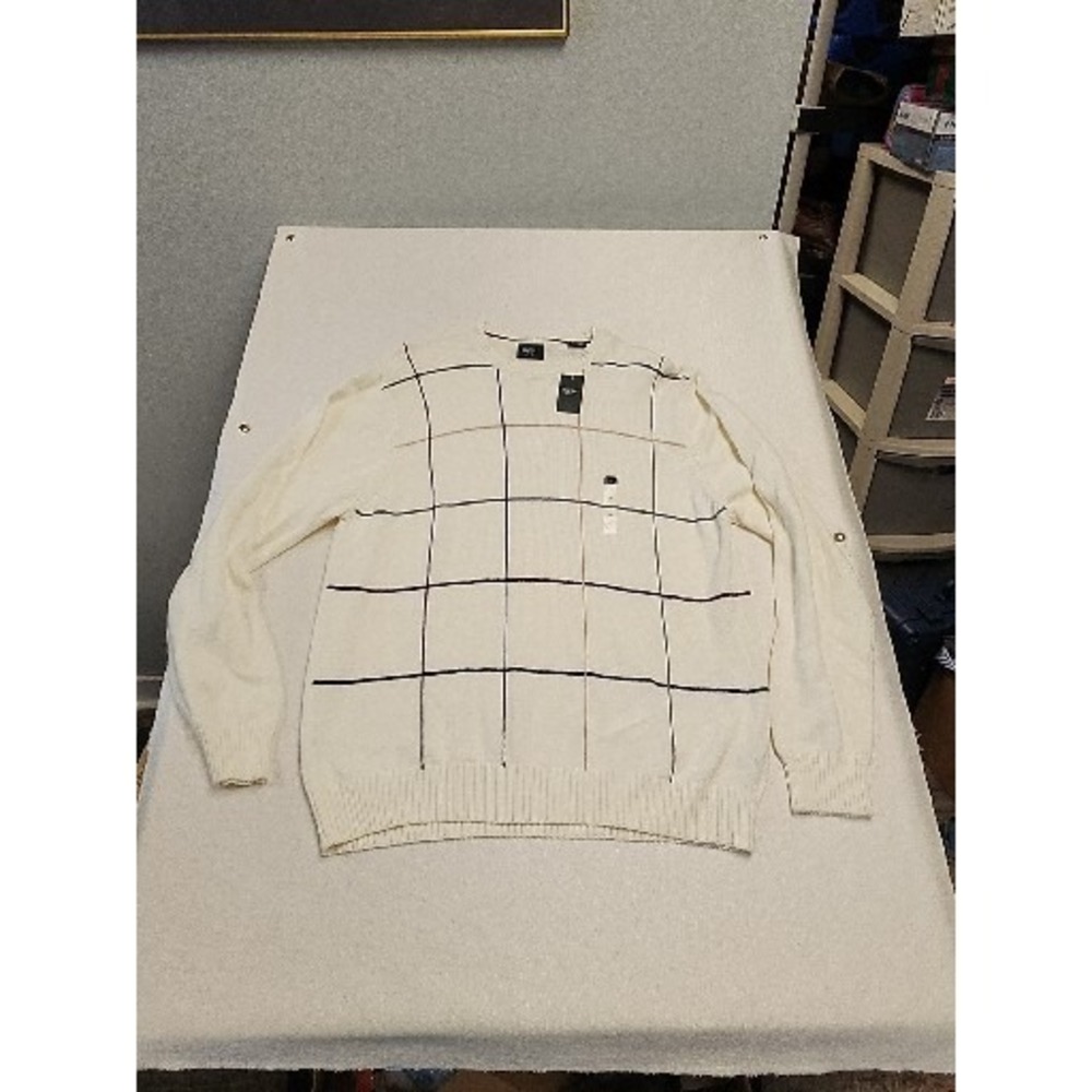 HAGGAR Mens Knit Sweater Pullover Beige W/ Square Lines Size XL NEW